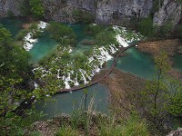 小雨に濡れ青々したプリトヴィッツェの滝